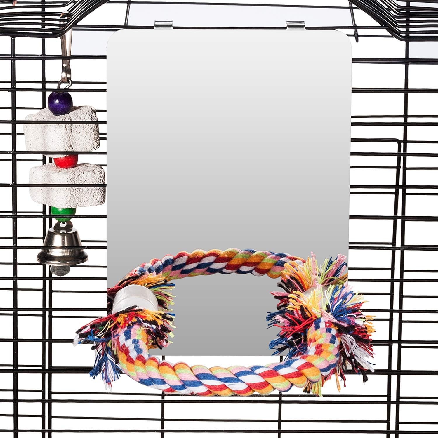 7 Inch Stainless Steel Bird Mirror with Rope Perch, Bird Toys Swing